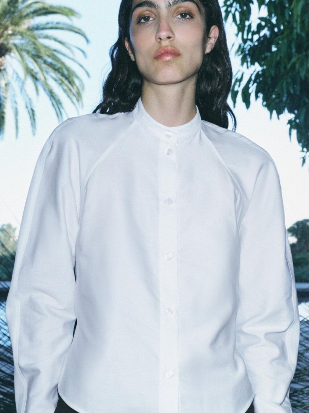 ZARA Cotton Shirt Fitted Poplin Top White 4437/289 mock neck raglan sleeve sz M